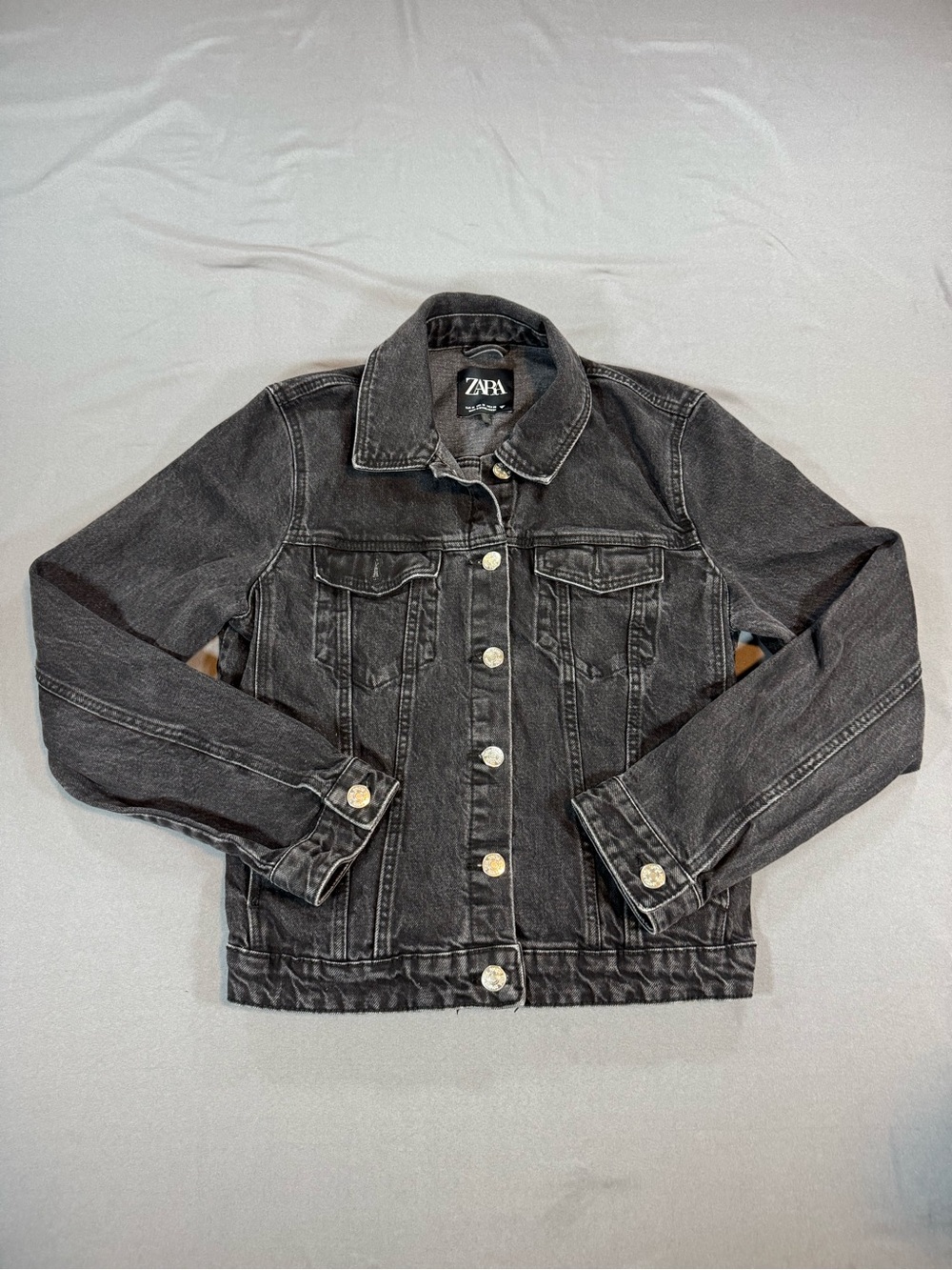 Zara Black Washed Denim Jacket Medium Classic Trucker Jean Jacket - Picture 3 of 7